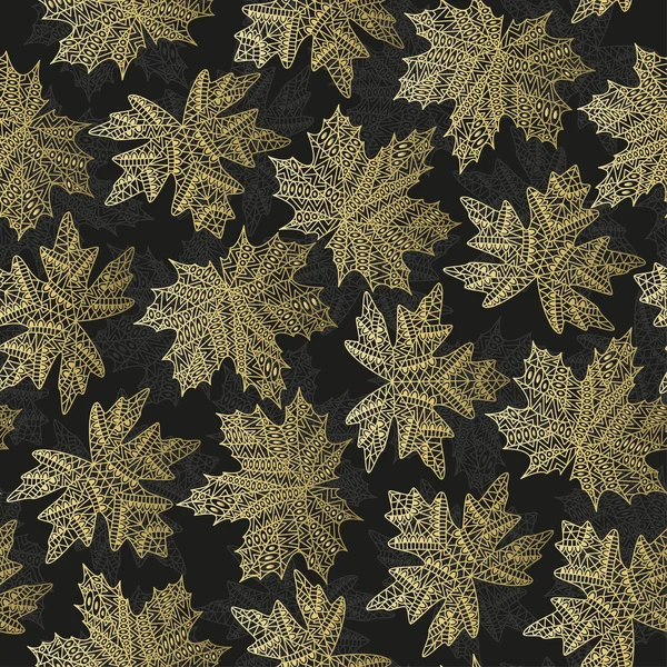 Seamless mönster med hand dras träd lämnar som lönn och Liquidambar. Höstkollektion. Lyxiga stil. Fall gyllene blad på svart bakgrund. Vektor illustration — Stock vektor