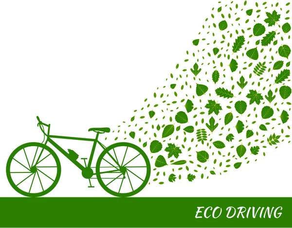 Eco driving concept in grünen Farben. Fahrrad und Laubspuren. Vektorillustration — Stockvektor