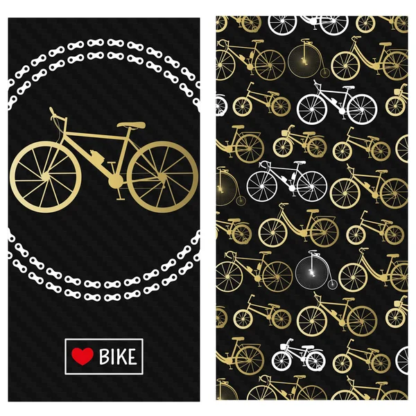 Invitation card with bike in the chain wreath, text love bike in rectangle frame. At the back six kinds of bicycles: mountain, road, city, bmx, kids and penny farting bikes. Carbon black background. — Stock Vector