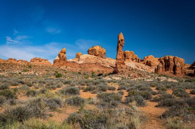 Kanyonlar, aşınmış kumtaşı oluşumları ve kireçtaşı oluşumları Arches Ulusal Parkı nesr Moab, Utah 'ta hakim..