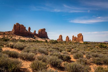 Kanyonlar, aşınmış kumtaşı oluşumları ve kireçtaşı oluşumları Arches Ulusal Parkı nesr Moab, Utah 'ta hakim..