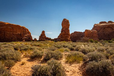 Kanyonlar, aşınmış kumtaşı oluşumları ve kireçtaşı oluşumları Arches Ulusal Parkı nesr Moab, Utah 'ta hakim..