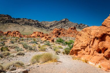 Ateş Eyaleti Parkı Clark County, Nevada 'da yer almaktadır ve 40.000 dönümden fazla açık kırmızı kumtaşı arazisi gri ve bronz kireç taşı yatakları ile çarpıcı bir tezat oluşturmaktadır..