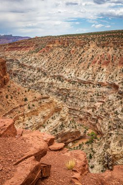 Kanyonlar ve aşınmış kumtaşı oluşumları Utah 'taki Capitol Resifi Ulusal Parkı' nda hakim konumdadır..