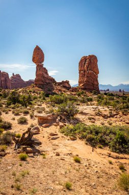 Kanyonlar, aşınmış kumtaşı oluşumları ve kireçtaşı oluşumları Arches Ulusal Parkı nesr Moab, Utah 'ta hakim..