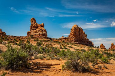 Kanyonlar, aşınmış kumtaşı oluşumları ve kireçtaşı oluşumları Arches Ulusal Parkı nesr Moab, Utah 'ta hakim..
