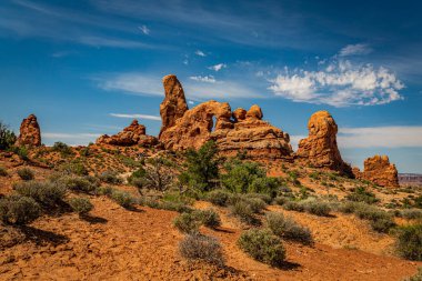 Kanyonlar, aşınmış kumtaşı oluşumları ve kireçtaşı oluşumları Arches Ulusal Parkı nesr Moab, Utah 'ta hakim..
