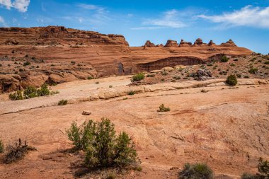 Kanyonlar, aşınmış kumtaşı oluşumları ve kireçtaşı oluşumları Arches Ulusal Parkı nesr Moab, Utah 'ta hakim..