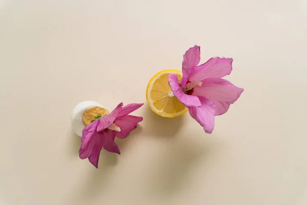 Yaratıcı minimal modern limon, yumurta ve güzel, taze mor çiçekler.