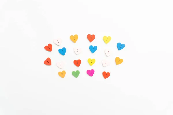 Creative Minimal Arrangement Colorful Hearts Beige Background Flat Lay — 图库照片