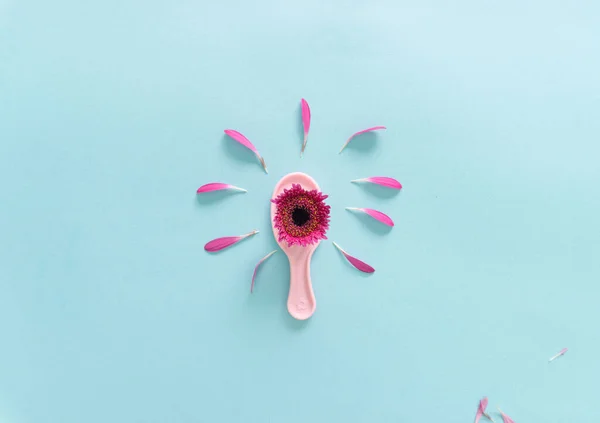 Pembe yaprakların, pembe çiçeklerin, pembe tarakların, mavi arka planda güzel bir şekilde düzenlendiği yaratıcı minimum konsept..