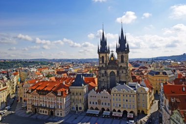 Aerial view of Our Lady Before Tyn Church on Old Town Square of Prague
