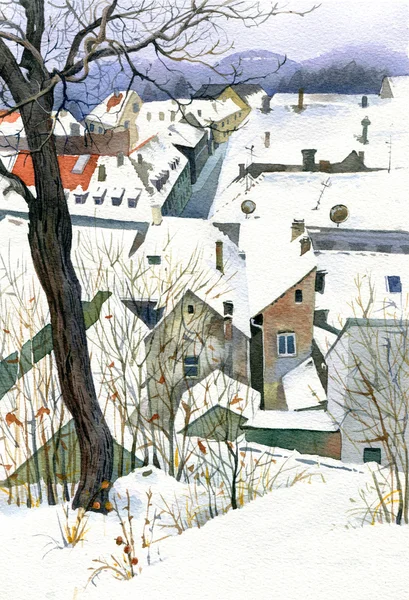 Zimní město, akvarel ilustrace — Stock fotografie