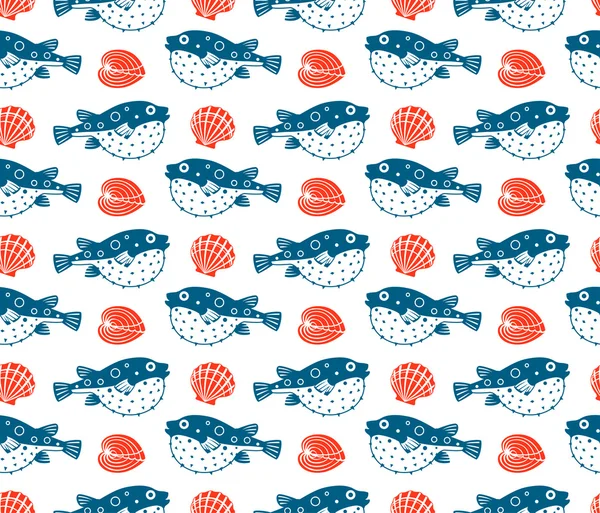 Fugu et coquillages, motif sans couture — Image vectorielle