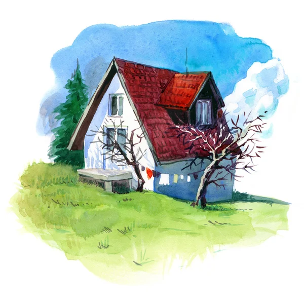 Biały dom z czerwonym dachem — Zdjęcie stockowe