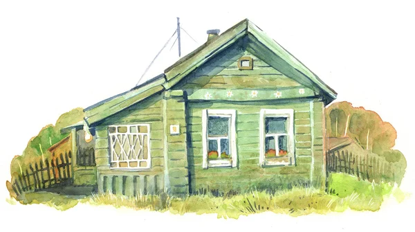 Casa verde del pueblo pintada en acuarelas —  Fotos de Stock