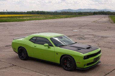 Yeşil kapüşonlu siyah beyaz spor araba.