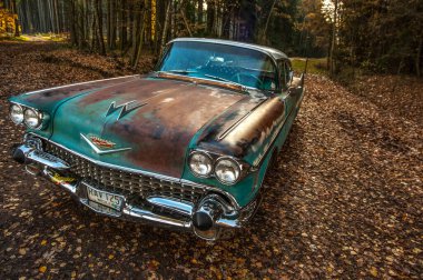 Retro araba ormanda yerde park halinde.