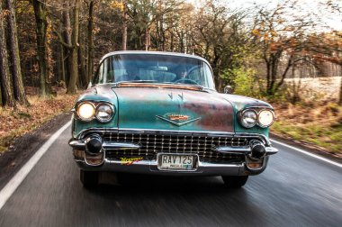 Orman yolunda klasik bir araba.