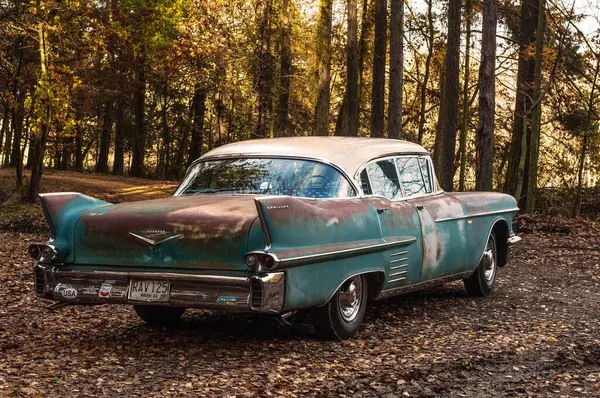 Velho Carro Enferrujado Floresta Outono — Fotografia de Stock