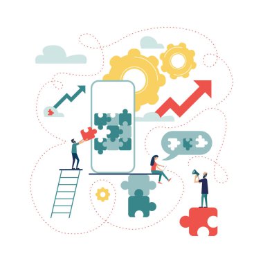 Yapboz kullanarak mobil uygulama oluşturma önlemi. Geliştirme ekibi akıllı telefon için bir uygulama oluşturmaya çalışıyor..