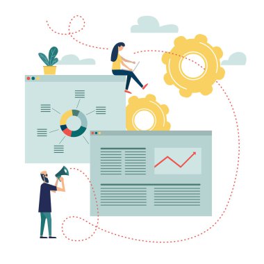 Web geliştiricileri arasındaki iletişim. Bir erkek bir web sitesi kurma konusunda bir kadına tavsiye verir. Takım düşüncesi ve beyin fırtınası. Önemli tarihler ve görevler işaretleniyor. İş sorunları çözme konsepti. Çevrimiçi iletişim sorunu ve soru çözümü.