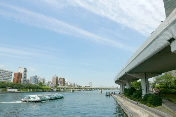 Gezi teknesi, Japonya nehir, apartman, köprü — Stok fotoğraf