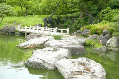 Taş köprü ve su birikintisi Japon zen bahçesinde