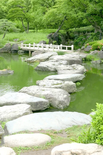 Pont en pierre et étang d'eau dans le jardin zen japonais — Photo