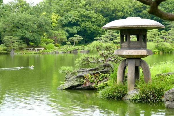 3 羽のアヒルと禅の庭の池で石灯籠 — ストック写真