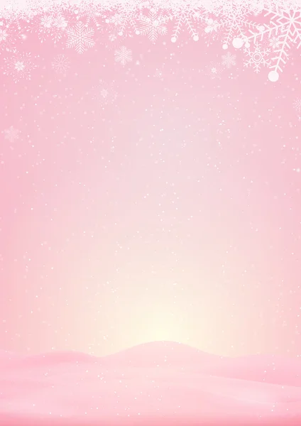 Fondo de invierno rosa con nieve y copo de nieve — Vector de stock