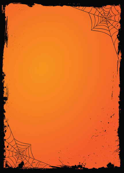 The horizontal blank gradient orange Halloween banner background template with black grunge border and spider web