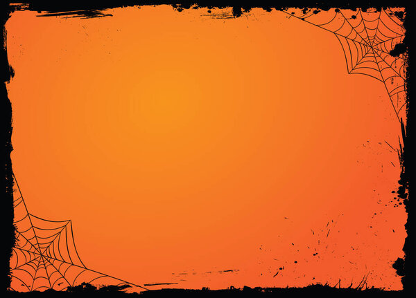 The horizontal blank gradient orange Halloween banner background template with black grunge border and spider web
