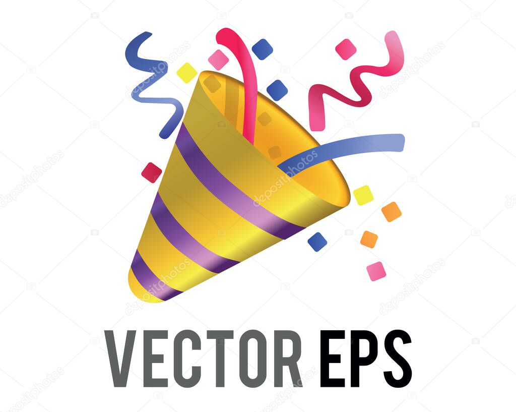 The isolated vector gold party popper icon with confetti and streamers for celebration, occasions such as new year's eve, christmas, birthday, wedding day, graduation, anniversary
