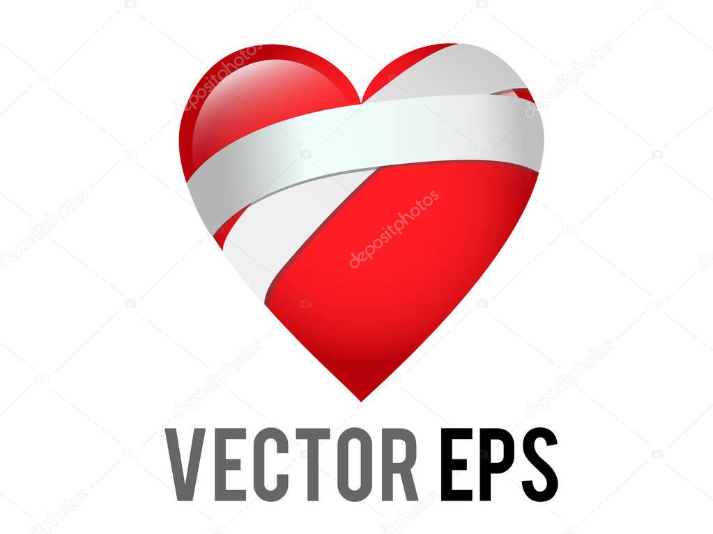 The isolated vector classic love red glossy mending heart icon with bandage across one side, used for healing, recovery, or to express sympathy for someone going through a difficult tim