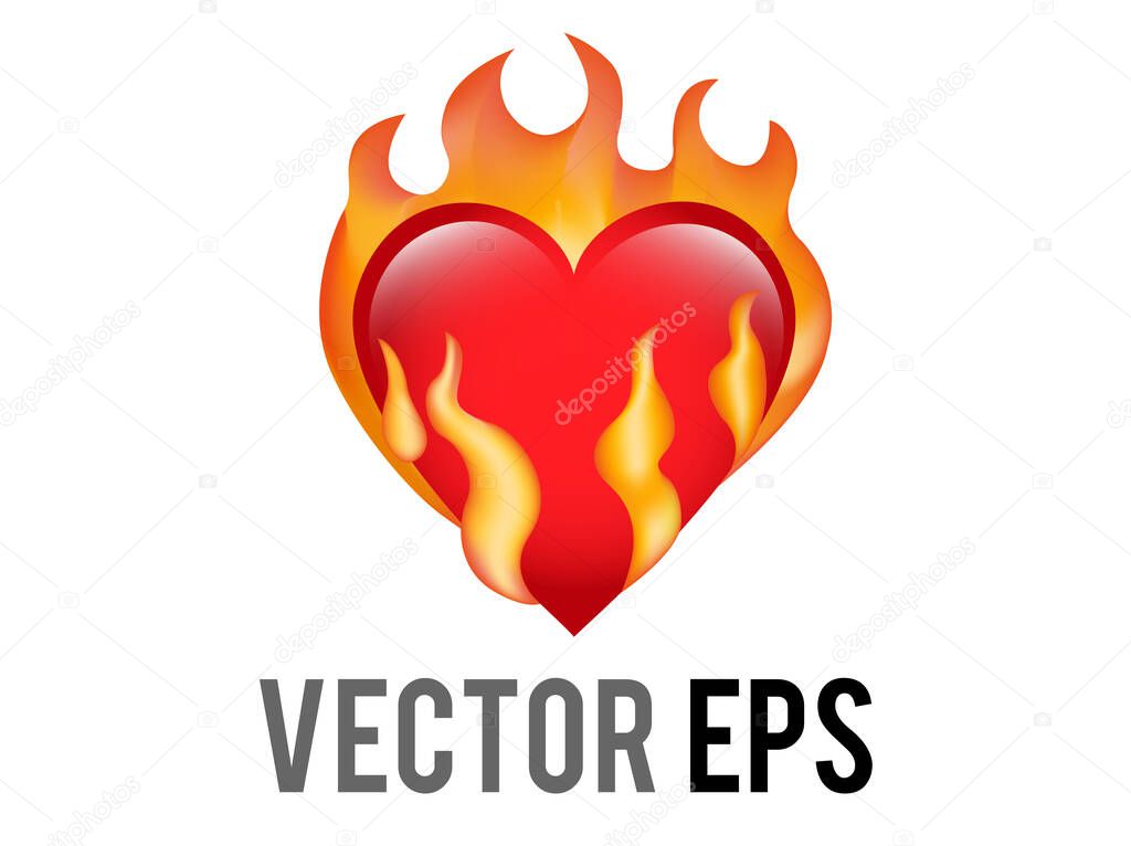 The isolated vector classic love red glossy heart on fire icon, used for desire, lust, sense of burning a past love and moving on