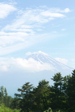 Japonya: Fujiyama dağ, ağaç ve mavi gökyüzü güzel bulutlar ile