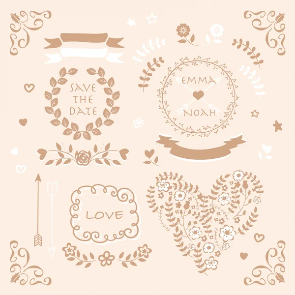 米色和棕色矢量婚礼设计元素符号集 — 图库矢量图片