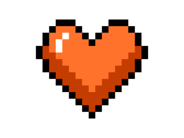 İzole edilmiş 8 piksellik resim, turuncu kalp düz simgesini sever, sıkça sıcaklık, ilgi ve arkadaşlık kullanılır.