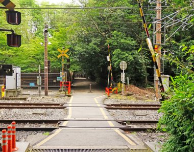 Japon demiryolu kavşağında sakin bir sahne, etkin uyarı ışıkları ve yoğun yeşilliklerin ortasındaki engeller