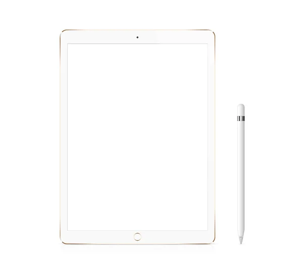 Tablet looks like Gold Apple iPad Pro portable device with pencil — 스톡 사진