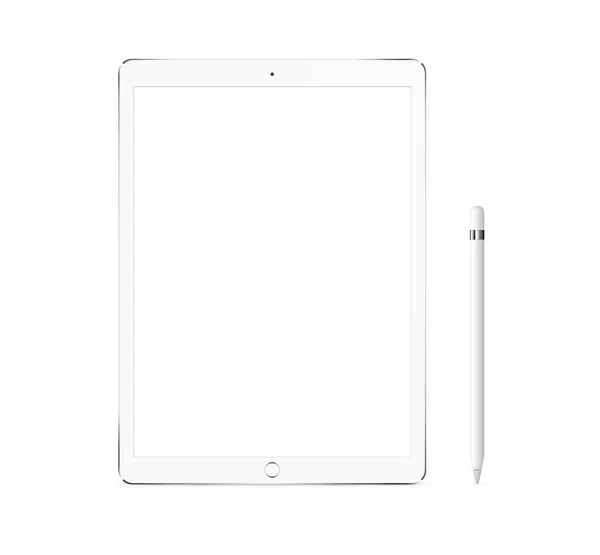 Tablet looks like like Silver Apple iPad Pro portable device with pencil