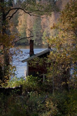 Sonbahar manzarasında küçük bir sauna kulübesi.