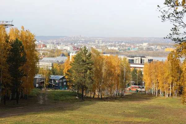 Utsikt över staden och hösten skogen — Stockfoto