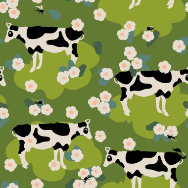 İneklerle, sineklerle ve çiçek vektör illüstrasyonuyla kusursuz desen