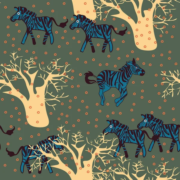 Koşan zebralar ve Afrika ağaçlarıyla kusursuz desen, kağıt ve kumaş için vektör tasarımı