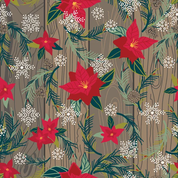 Motif Noël Sans Couture Avec Flocons Neige Poinsettia Texture Bois — Image vectorielle