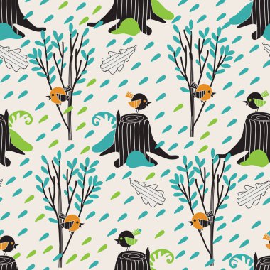 Çizgi film kuşları ve ormanlık alanlarda kusursuz desen