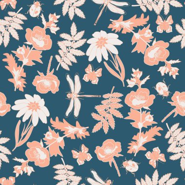 Çiçekleri, yaprakları ve böcekleri olan kusursuz çiçek deseni.