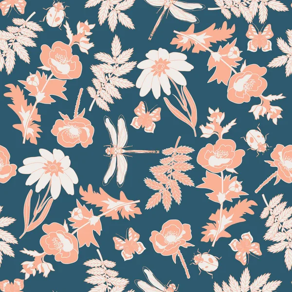 Çiçekleri, yaprakları ve böcekleri olan kusursuz çiçek deseni.